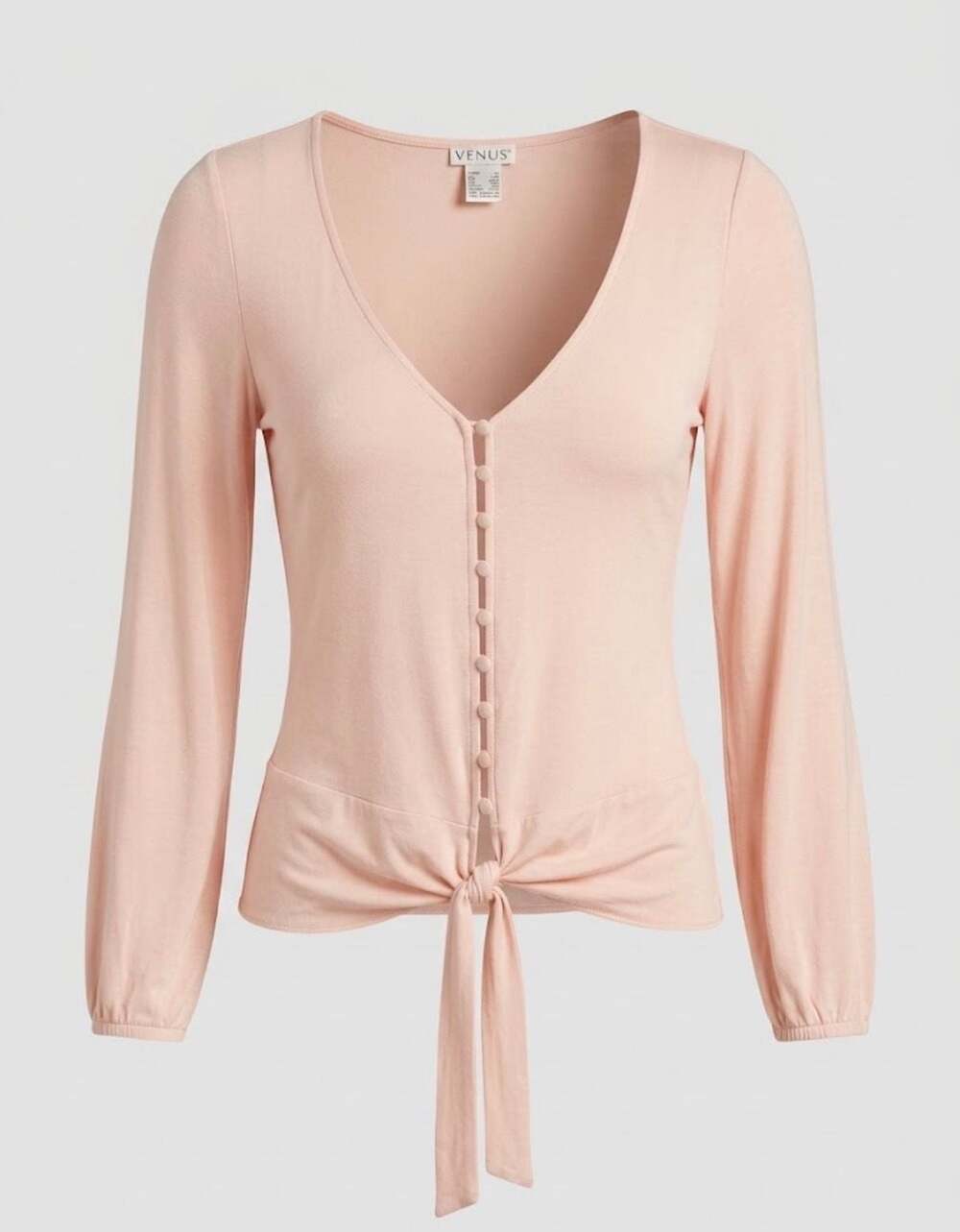 Venus Light Pink V-Neck Button-Accent Tie-Front Long Sleeve Top Small